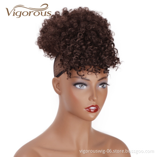 Vigorous Cheap Price Short Ponytail With Bang Kinky Curly Fluffy Updo Hair Extension For Black Women Synthetic Afro Hair Bun